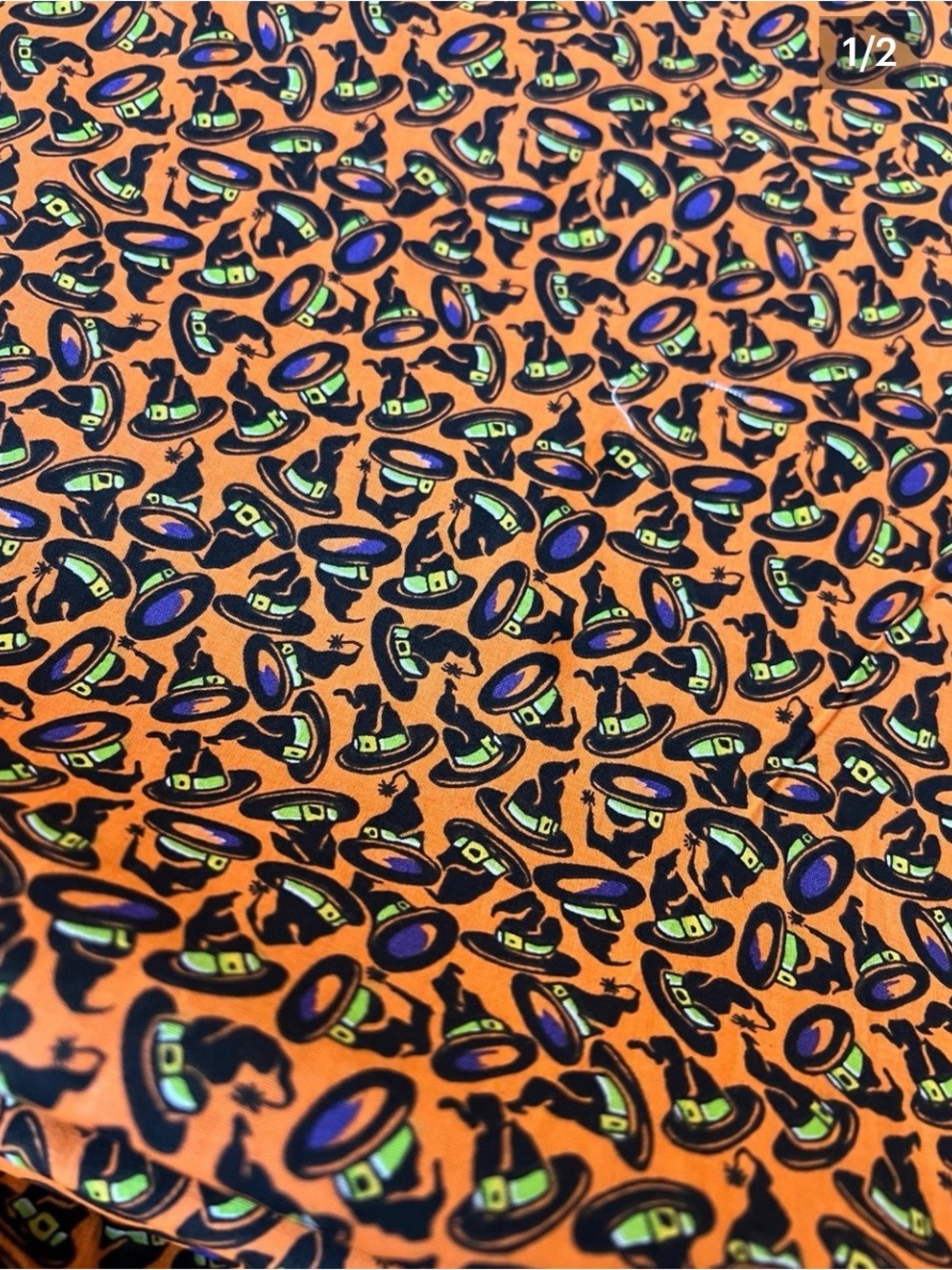 Over 6 Yard of Halloween Print Fabric with Orange Background and Witches Hats